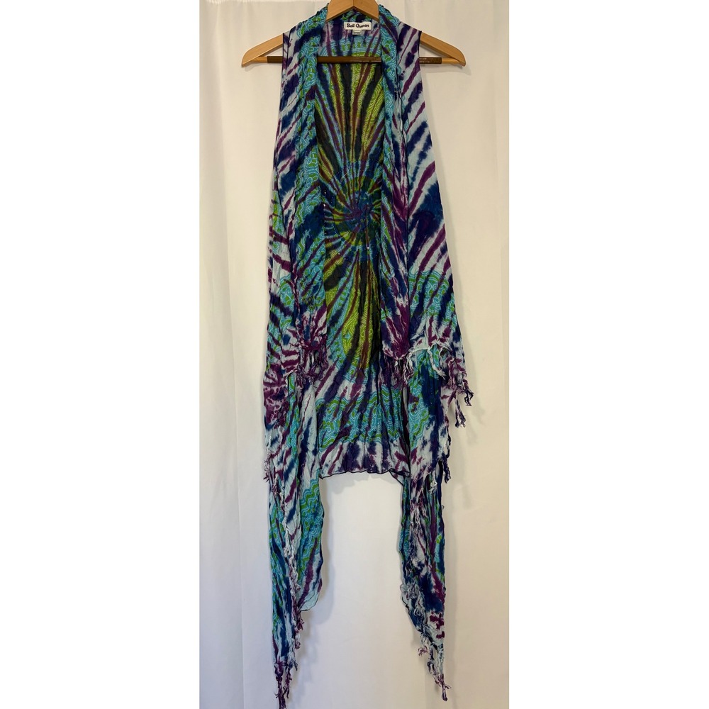 Bali Queen Womens Tie Dye Sequin Long Fringe Vest Boho Hippie Festival M/L Multi